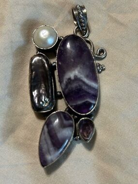 Sterling Silver Chevron Amethyst and Pearl Pendant - Purple Gemstone Necklace